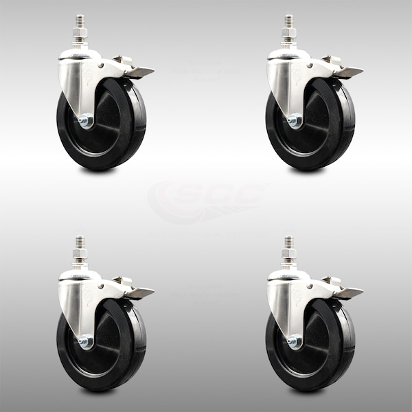 Service Caster 5 Inch 316SS Soft Rubber Swivel 12mm Threaded Stem Caster Set Lock Brake SCC SCC-SS316TSTTL20S514-SRS-M1215-4 - main